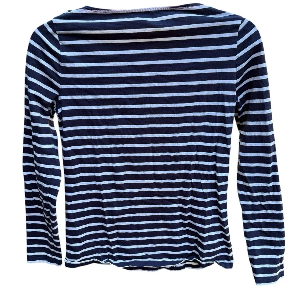 Boden Womens Size 4 Long Sleeve Top Navy Blue White Striped Ruffle Preppy - Picture 2 of 7